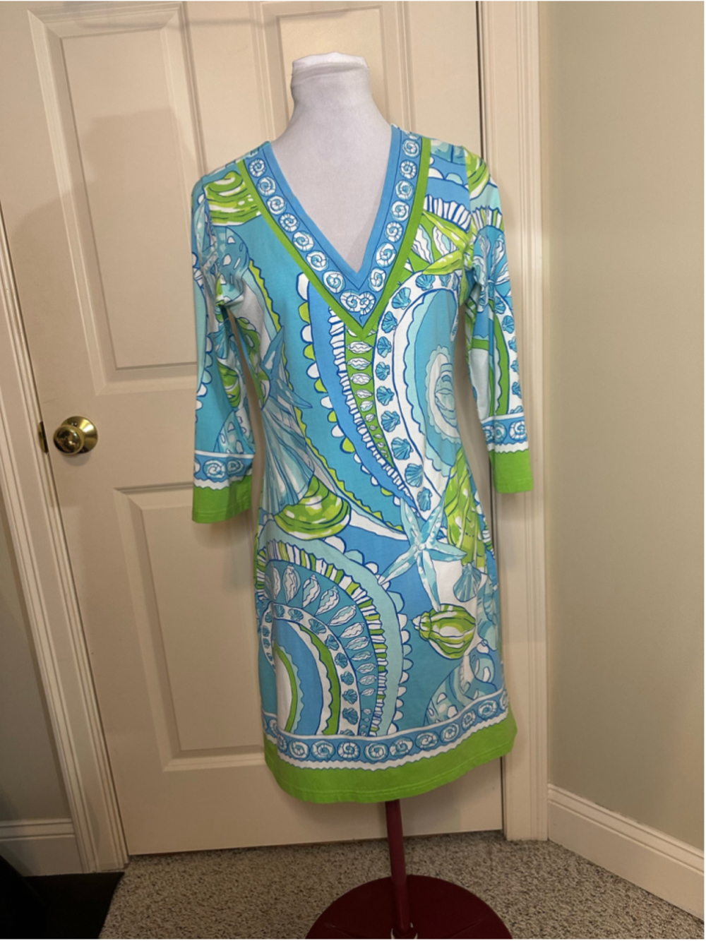 Barbara Gerwit 3/4 Sleeve V-Neck Knit Resort Dress - Blue & Green Coastal Shell